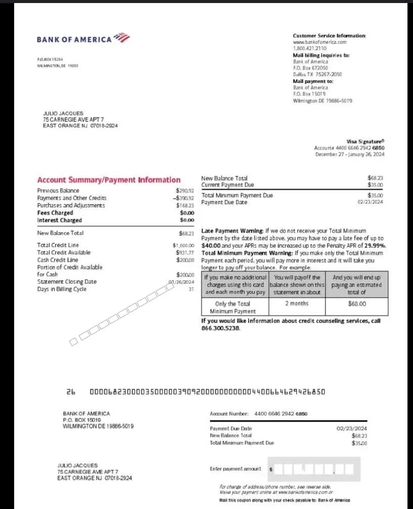 Bank Of America Downloaded bank statement for Verification